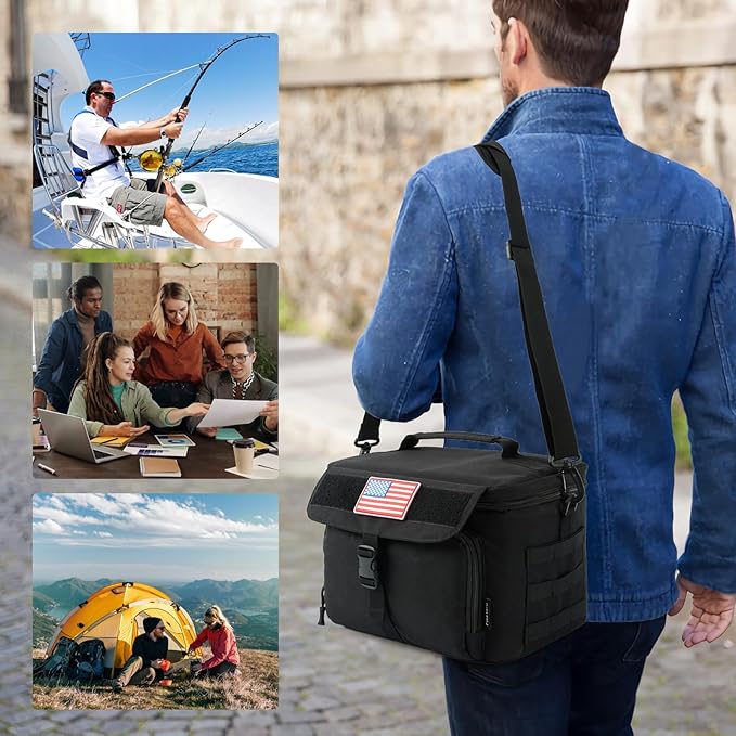 Ronyes Tactical Lunch Box for Men,Large Insulated Lunch Bag with Shoulder Strap,Heavy Duty lunchbox Cooler MOLLE Webbing, Leakproof Pail for Work Camping Fishing-Black