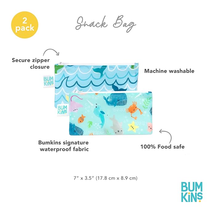 Bumkins Reusable Snack Bags, for Kids School Lunch and for Adults Portion, Washable Fabric, Waterproof Cloth Zip Bag, Supplies Travel Pouch, Food-Safe Storage, 2-pk Blue Ocean Life