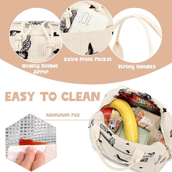 Bluboon Lunch Bag for Women Men Cute Corduroy Lunch Tote Bags Reusable Insulated Lunch Box Large Capacity Reusable Insulated Cooler for Work Picnic or Travel