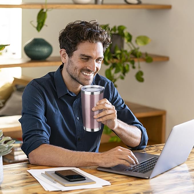 StarSpeed 20oz Tumbler Bulk with Lid, Stainless Steel Insulated Tumblers Double Wall Vacuum Insulated Travel Mug, Powder Coated Coffee Cups for Hot and Cold Drinks(Rose Gold,6)