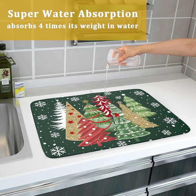 Christmas Dish Drying Mats 18x24, Farmhouse Gold Red Xmas Pine Trees Winter Holiday Washable Microfiber Absorbent Dishes Drainer Rack Pad for Coffee Machine Bar Sink Counter