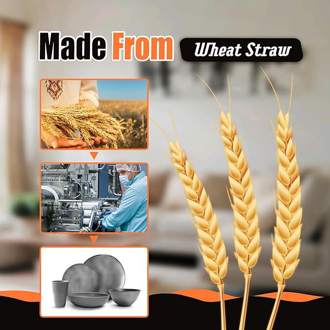 Teivio 40-Piece Flatware Kitchen Plastic Wheat Straw Dinnerware Set,Service for 8,Dinner Plates, Dessert Plate,Cereal Bowls,Pasta Bowls,Cups,Unbreakable Plastic Outdoor Camping Dishes,Irregular Gray