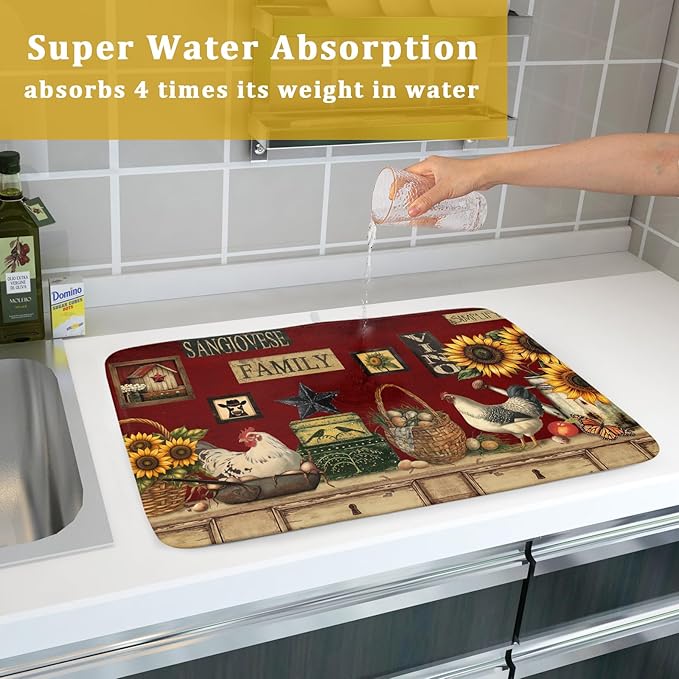 Rooster Dish Drying Mat 18x24 Inch with Hanging Loop,Vintage Country Style Farmhouse Chickens Absorbent Microfiber Non-Slip Counter Rack Sink Drainer Pad for Kitchen Countertop Table Decor