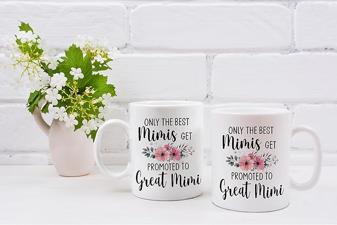 QASHWEY Mimi Coffee Mugs, Funny Pregnancy Announcement Gifts for Grandma, Great Grandma to Be, Double Side Printed Ceramic Mug Cup 11 Ounce