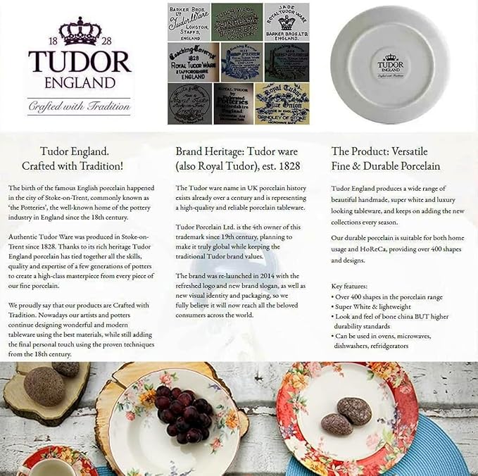 TUDOR Royal Collection 12-Piece Round Porcelain Dinnerware Set, Service for 4 with Dinner Plates, Bowls, and Salad Plates, Crimson Summer Floral Unique Design, Gloss Finish, Durable & Premium Quality