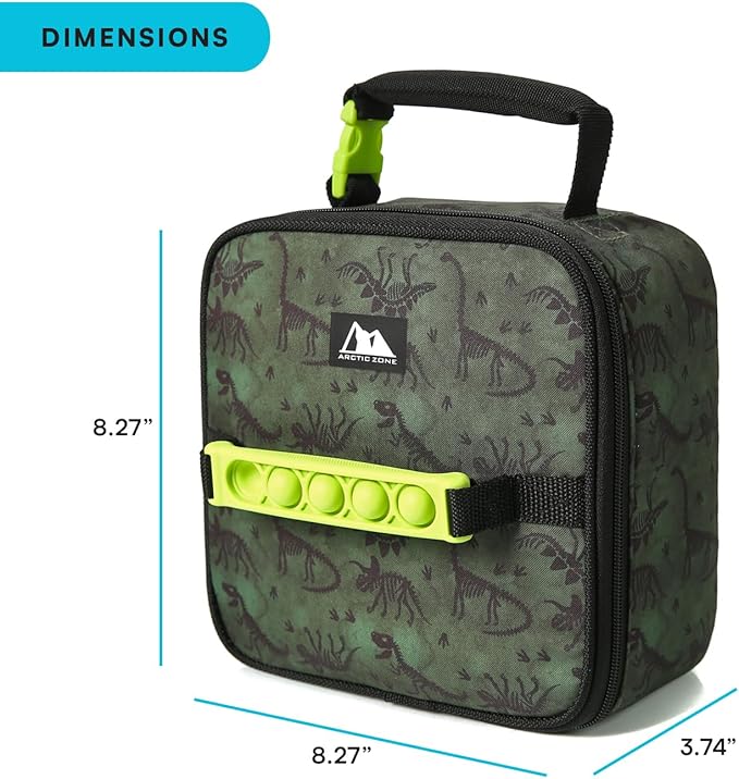 Arctic Zone Pop-it Kids Lunch Box Combo with Sensory Pop Handle, 210g Ice Pack, and Sandwich Container, Dino Skeleton Dye