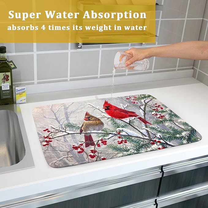 Red Bird Dish Drying Mat Merry Christmas Dishes Pad Absorbent Fast Dry Dish Drainer Mat Protector for Kitchen Counter 18 x 24 Inches