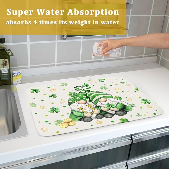 St Patrick's Day Gnome Dish Drying Mat 18x24 inch Lucky Shamrock Absorbent Reversible Dishes Drainer Rack Mat for Coffee Bar Kitchen Decor