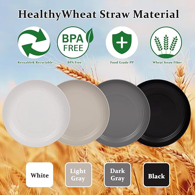 supernal 10" Wheat Straw Dinner Plates Reusable&Durable Plastic Plates,Dishwasher Safe,16-Pack (4 White, 4 Light Gray, 4 Dark Gray, 4 Black), Versatile Tableware for Home and Outdoor