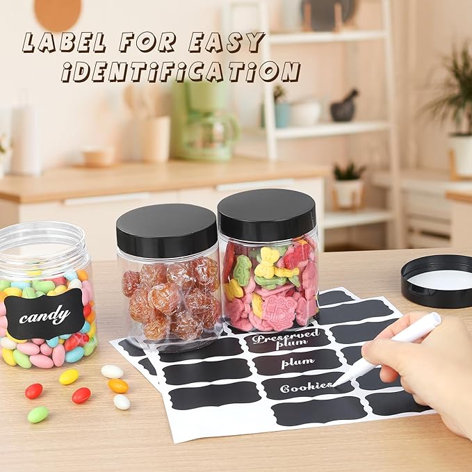 36PCS16OZ Plastic Jars with Screw On Lids, Labels Refillable Empty Round Slime Containers for Storing Dry Food, Honey Jam, Cream, Butter, Lotion (matte black)