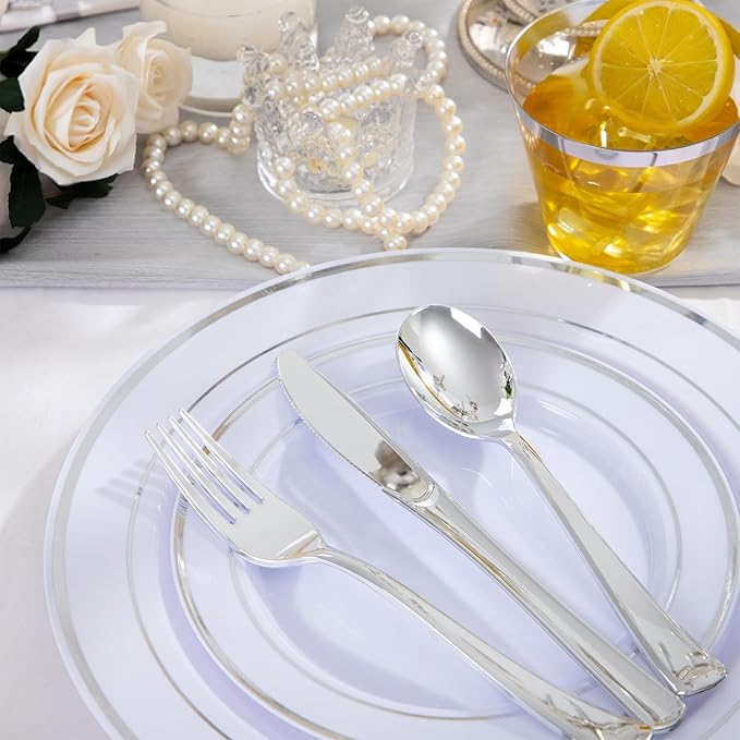 WELLIFE 600 PCS Silver Disposable Dinnerware Set for 100 Guests, Wedding Plates Silver Plastic Plates for Party, 100 Each-Dinner & Salad Plates, Cups, Forks Knives Spoons for Wedding and Anniversary
