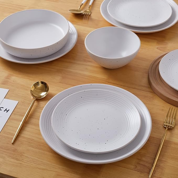 Stone Lain Lauren Modern Stoneware 32-piece Round Dinnerware Set, Plates and Bowls Set, Dish set for 8, Off White