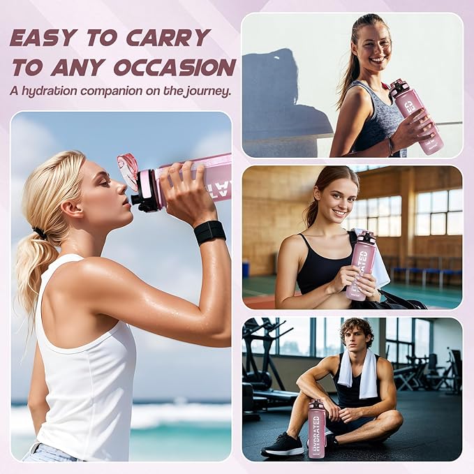 Water Bottle, 32oz Sports Water Bottles with Time Marker Wide Mouth, Motivational and Leakproof Drink Bottle, BPA Free Tritan with Carry Strap for Gym Fitness Outdoor(Direct Drink 1 Bottle)