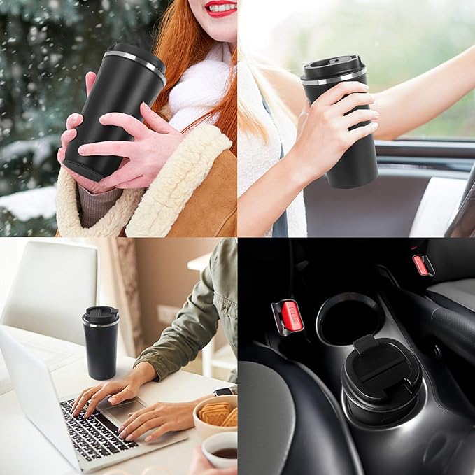 Smilatte 17oz (510ml) Vacuum Insulated Travel Mug, Leakproof Double Wall Stainless Steel Reusable Coffee Cup with Lid For Hot & Cold Drinks, Matte Texture Black