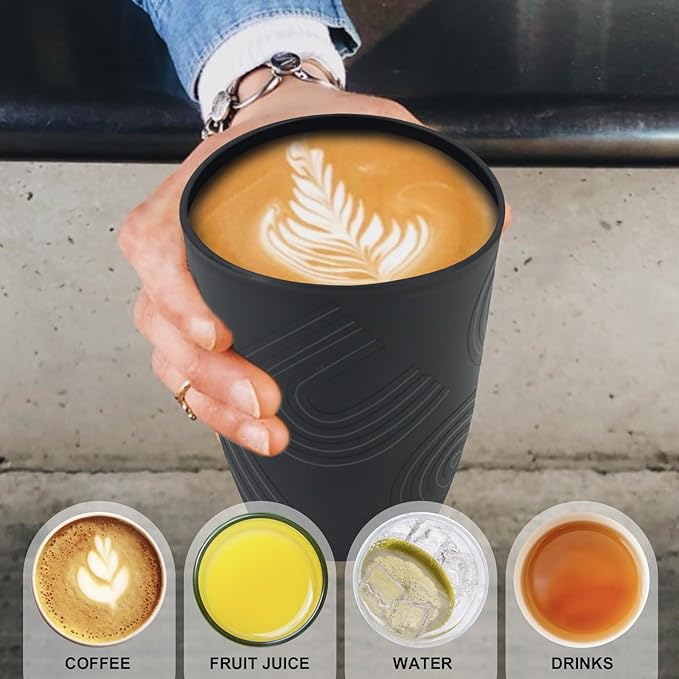 Wrova Wheat Straw Cups 16oz set of 8 with Etched Pattern - Alternative Plastic Cups Dishwasher Safe Tumbler - Plastic Drinking Cups Unbreakable for Kids - Pure Black