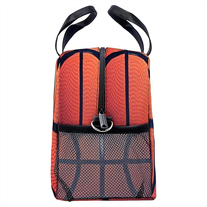 Basketball Lunch Bag for Women Men Cute Large Capacity Thermal Lunch Tote Reusable Washable with Adjustable Shoulder Strap and Dual Large Mesh Side Pockets