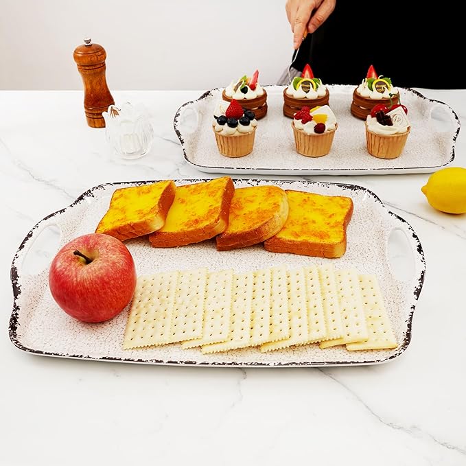 TP Serving Trays with Handles, 19 Inche Large Rectangular Melamine Serving Platter Set of 2, Rustic White