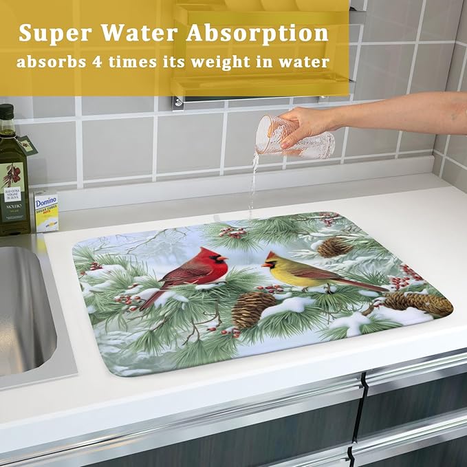 Winter Dish Drying Mat for Kitchen Counter Cardinal Birds Pine Trees Festival Microfiber Absorbent Dish Draining Reusable Washable Foldable Extra Large 18"x24"
