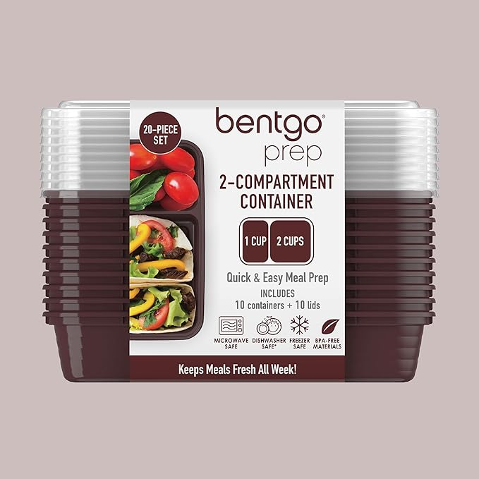 Bentgo Prep - 20-Piece 2-Compartment Reusable Meal Prep Containers with Lids, PFAS & BPA Free Materials, Durable, Microwave, Freezer, & Dishwasher Safe To Go Food Storage (Burgundy)