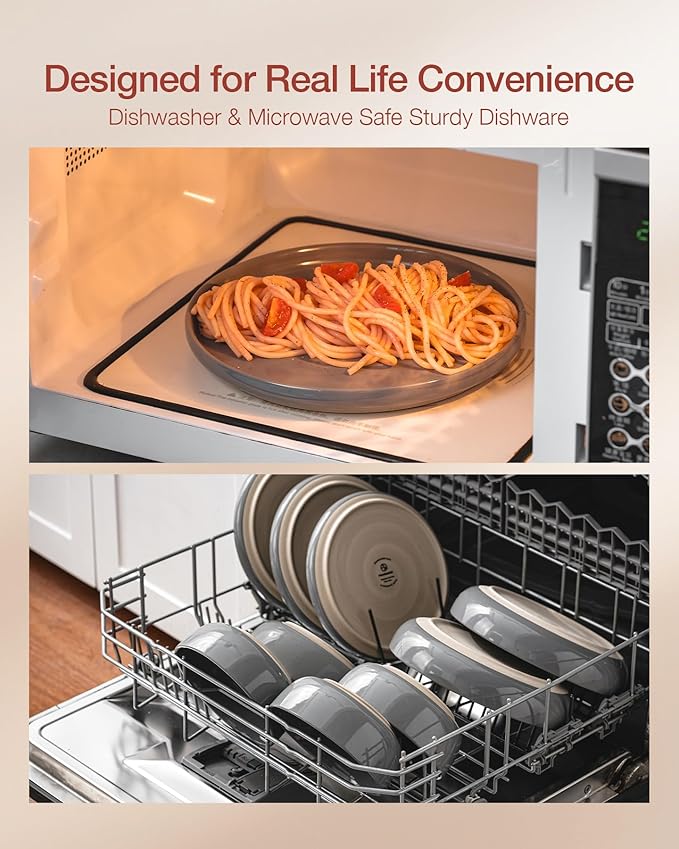 Famiware Milkyway Dinnerware Set with Mugs, Service for 4 (16pcs), Ribbed Stoneware Plates and Bowls Dishes Sets - Chip & Scratch Resistant, Microwave & Dishwasher Safe, Dark Gray