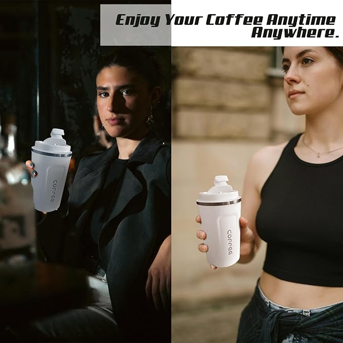 Travel coffee mugs leak-proof, reusable coffee cups with lids, stainless steel vacuum thermos coffee tumblers,thermal insulation cups for men and women hot & cold drinks(2nd-White, 12OZ)
