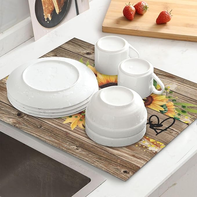 Sunflower On Board Rustic Yellow Summer Fall Live Laugh Love Drying Mat 16x18 Inch For Kitchen Counter Drying Mats Dish For Kitchen Counter Easy Clean Kitchen