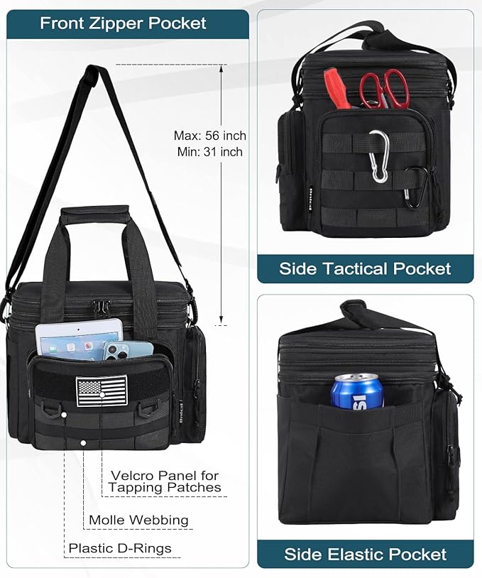 Tactical Lunch Box for Men, Expandable Large Insulated Lunch Bag for Adult, Heavy Duty Double Deck Lunch Cooler Bag with Shoulder Strap, Leakproof Soft Lunch Pail with American Flag - Black