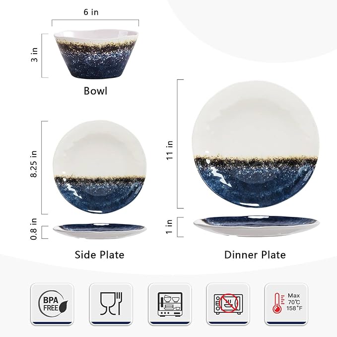 12 Piece Melamine Dinnerware Sets for 4,Unbreakable and Lightweight Plates and Bowls Sets for Camping, Chip and Scratch Resistant,Ideal for RV,Cobalt Blue and White