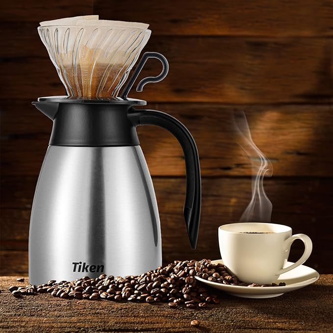 Tiken 34 Oz Thermal Coffee Carafe, Stainless Steel Insulated Vacuum Coffee Carafes For Keeping Hot, 1 Liter Beverage Dispenser (Silver)