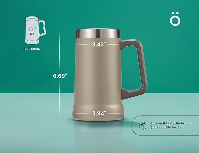 KooK Beer Stein, Stainless Steel Coffee Mug, Tumbler with Thermal Vacuum Insulation, Double Walled Drinking Cup, Large Handle, Shatterproof, Taupe, 23.7 oz