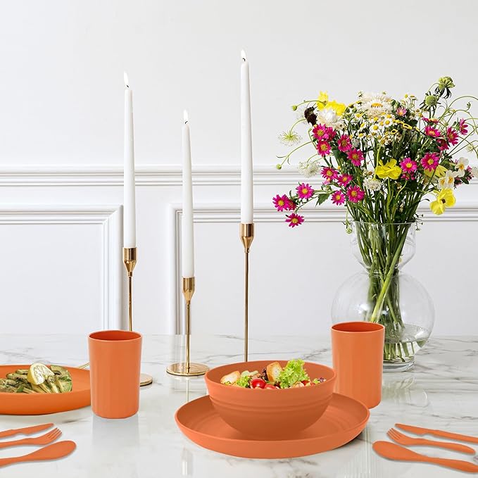 28-Piece Wheat Straw Dinnerware Sets, Microwave & Dishwasher Safe Unbreakable Dinnerware Set, Reusable Dishware Sets, Lightweight Camping Dishes, Plates, Cups, Cereal Bowls for 4(Orange)