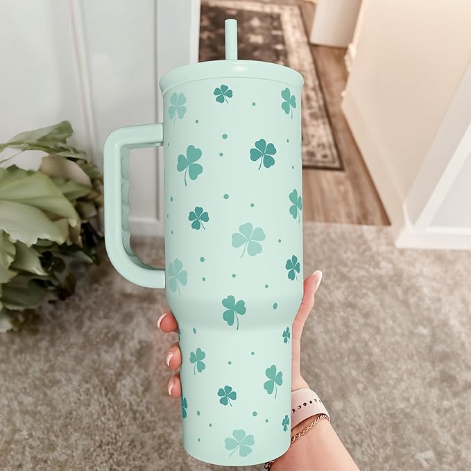 40oz Shamrock Tumbler with Handle and Straw - Insulated Stainless Steel Coffee Travel Mug, Christmas St. Patrick's Day Irish Gifts