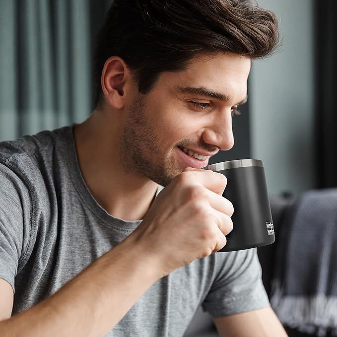 WETOWETO Coffee Mug with Handle, 14oz Insulated Stainless Steel Reusable Coffee Cup, Double Wall Coffee Travel Mug, Powder Coated Black