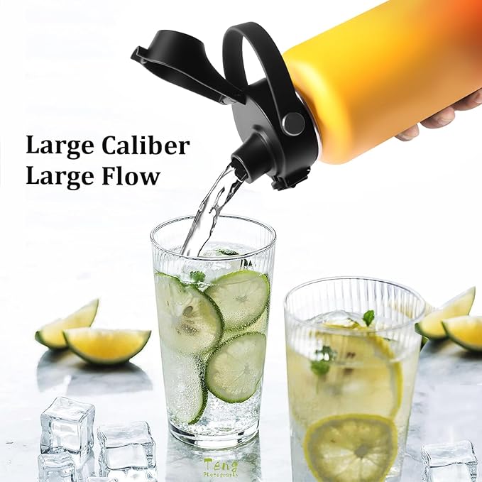 Water Bottle Insulated 32oz 40oz 64oz 128oz Straw Lid Spout Lid & 3 Lids, Leak Proof, Vacuum Insulated,Stainless Steel Water Bottle Wide Mouth for Sports, Gym or Office