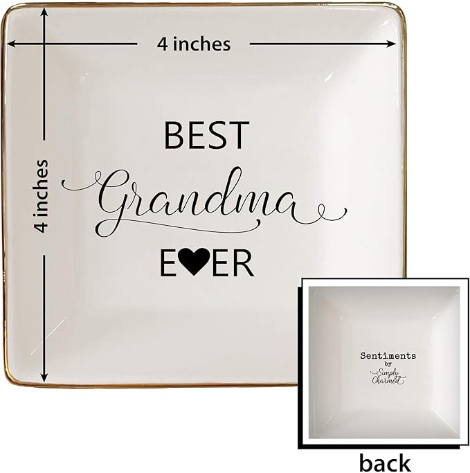 Simply Charmed Best Grandma Ever - Christmas Gift – Ceramic Jewelry Dish, Ring Holder, Trinket Tray – Elegant Birthday Gift for Grandmother