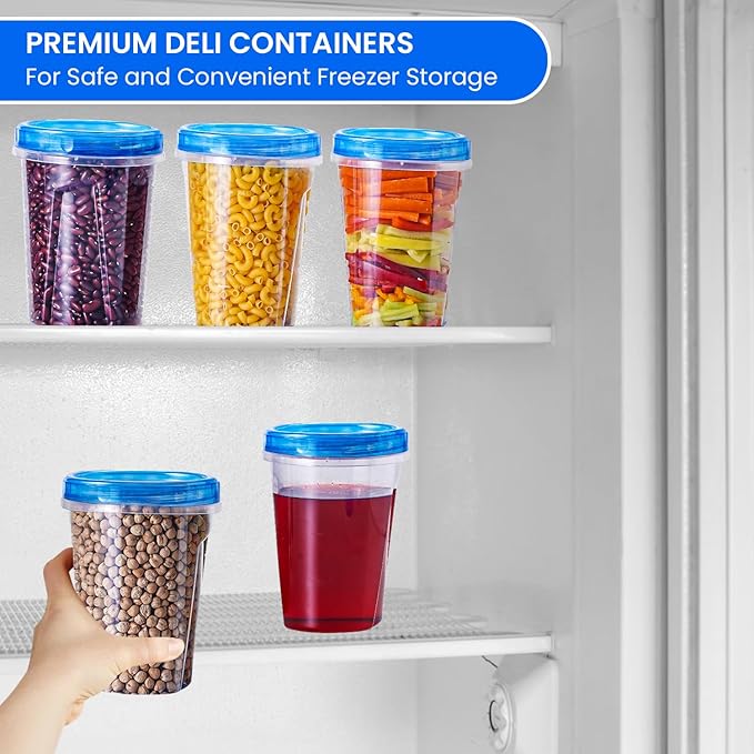 RFAQK 24 PCS Freezer Storage Containers with Lids-12 Plastic 32 oz Deli Containers with 12 Screw Lids-Freezer Containers for Soup with Twist Top Lids-Reusable Plastic Box for Lunch, Gym, Travel