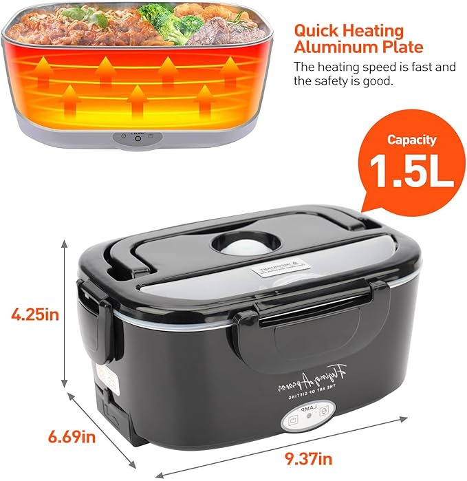 APSARAS USA Electric Lunch Box for Adults, 3 in1 Portable Leakproof Heated Lunch Box for Car/Truck/Men with 1.5L Removable 304SS Container, 60-80W, 12V/24V/110V With SS Fork Spoon&Carry Bag