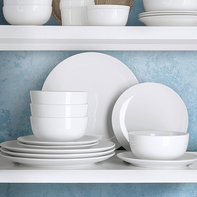 Zulay Kitchen Icon Porcelain Dinnerware Set, Service For 4 - Chip & Scratch Resistant White Plates And Bowls Sets - Microwave & Dishwasher Safe - White
