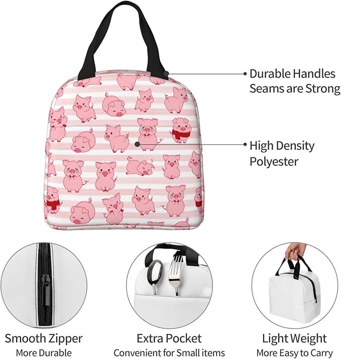 Pink Pig Lunch Box Animal Lunch Bag Insulated Reusable Lunch Tote Bag Cooler Tote Bag for Men Women