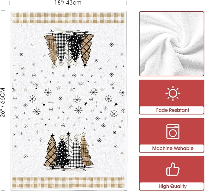 Artoid Mode Brown Buffalo Plaid Xmas Tree Merry Christmas Kitchen Towels Dish Towels, 18x26 Inch Snowflakes Winter Decoration Hand Towels Set of 2
