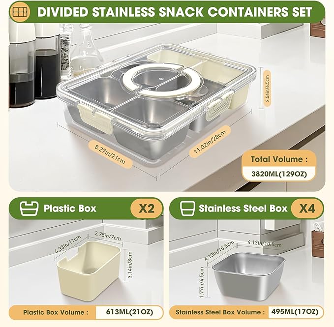 Snackle Box Container, Divided Serving Tray with Lid and Handle, Portable Stainless Steels Snack Platters, Charcuterie Container Veggie Tray with Lid for Fruits Candy Nuts, Perfect for Party Travel