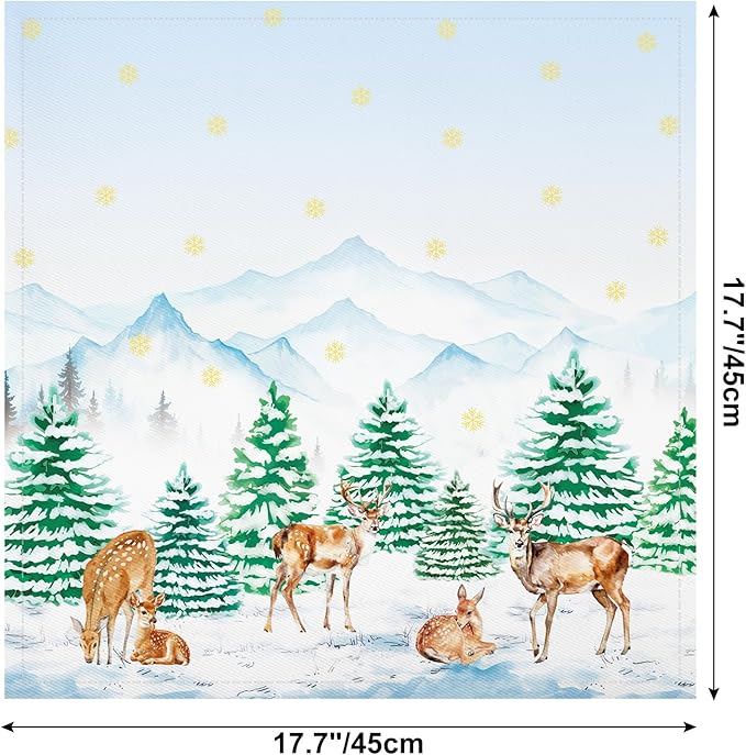 Winter Pine Tree Napkins, 18×18 Inch Woodland Deer Dinner Cloth Napkins Set of 4, Washable Cotton Soft Absorbent Square Napkins for Dining Kitchen Party Wedding Decoration