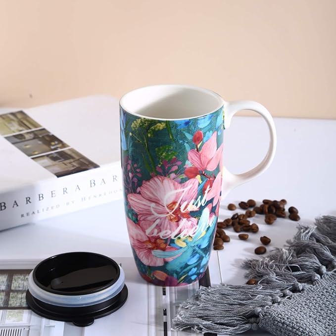 Ceramic Coffee Cup 17 Oz Tall Ceramic Mug with Lid and Color Box, Perfect for Coffee and Tea, Just Believe