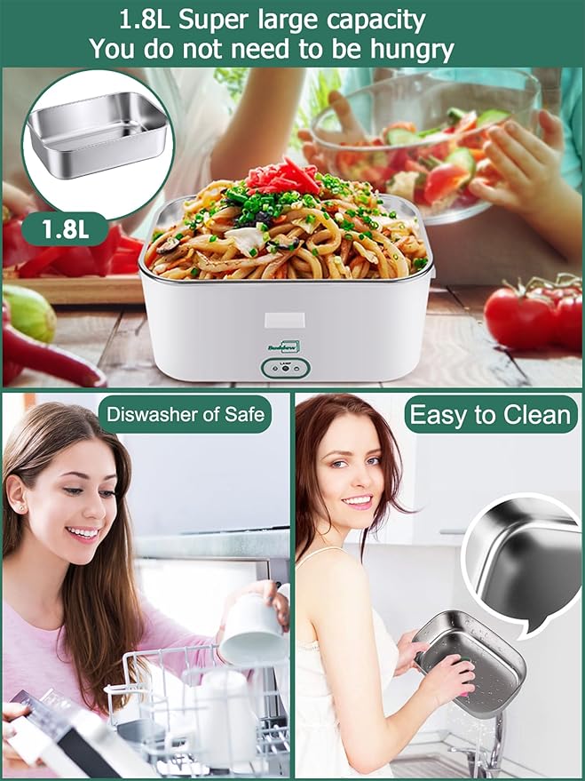 Buddew Electric Lunch Box for Adults, 80W Heated Lunch Box 1.8L Stainless Steel Portable Food Warmer,12/24/110V Lonchera Electrica Portatil for Travel & Work, Loncheras para Hombres de Trabajo(Green)
