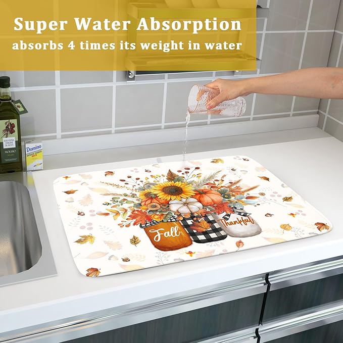 Autumn Pumpkin Dish Drying Mat 18x24 Inch Sunflower Flower Vase Washable Draining Mat with Hanging Loop Seasonal Holiday Home Decoration