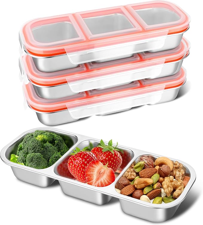 4 Pack Stainless Steel Snack Containers, 2/3 Compartment Metal Lunch Box, Leak Proof Snack Containers with Lids, with Fork and Spoon for School, Work, Travel (4pcs 3 Grids Lunch Box)
