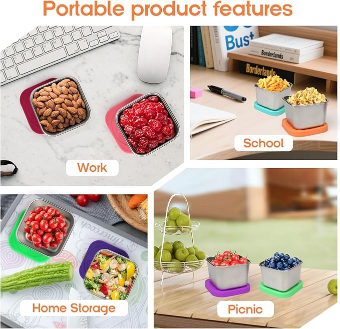 6 Pack 6oz Stainless Steel Snack Containers,304 food grade material,Easy-open, stackable, leak-proof snack containers with silicone lids are perfect for festival, school, and travel.