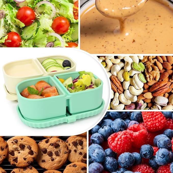 YQL 3 Pack Premium Silicone Reusable Snack Containers with Lids, Double Compartment Snack Box for Kids, Portable Food Containers for Sauce and Salad, Leakproof Snackle Packs for School, Picnic, Office