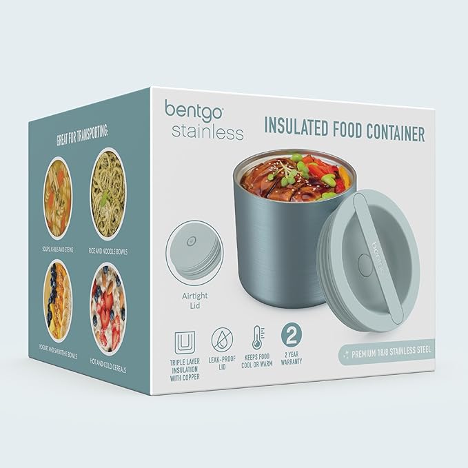 Bentgo Stainless Insulated Food Container - 2.4 Cups (19 oz), Triple-Layer Insulation, Vacuum Seal, Leak-Proof, Built-In Handle, Wide Opening, Premium Stainless Steel, for Cool/Warm Foods (Aqua)