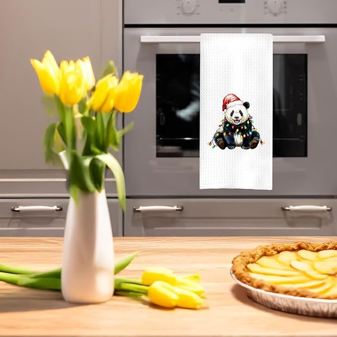 Christmas Panda Kitchen Towels, Panda Lover Gifts Dish Tea Towels for Kitchen, Holiday Xmas Light Santa Hat Pandas Decorative Hand Towel for Bathroom, 16x24 Inch